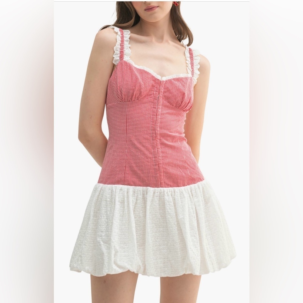 Lush Bustier Bubble Mini Dress Red and White Gingham NWT L